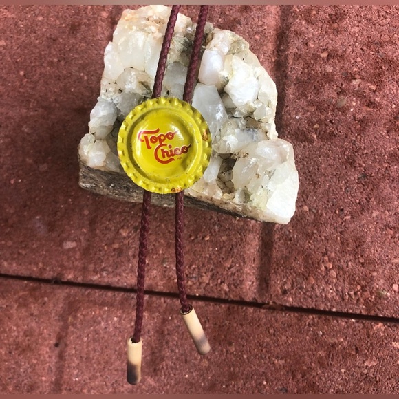 Hand Crafted Other - Topo Chico Bottle cap Bolo Tie Bamboo Tips maroon cord bamboo tips unique gift
